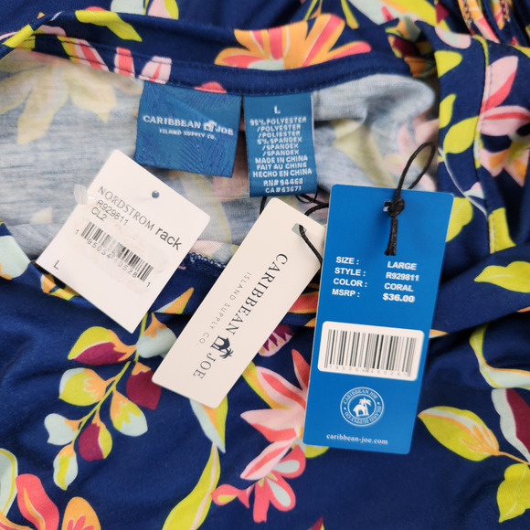 Caribbean Joe Women's Large Blue Floral Blouse 3/4 Sleeves Tie Detail NWT Cruise - Picture 15 of 15